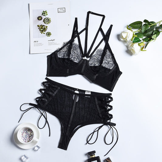 Lace and Lace Eyelash Underwear Splicing Cross Tie Slim Fit Set for Women