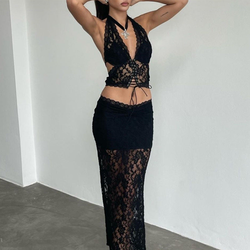 Versatile lace back and neck hanging underwear long skirt set can be worn outside