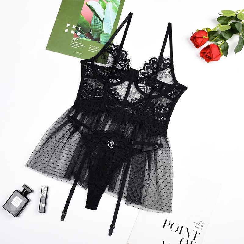 Sexy Lace Mesh Splicing Transparent Three-Piece Lingerie Set