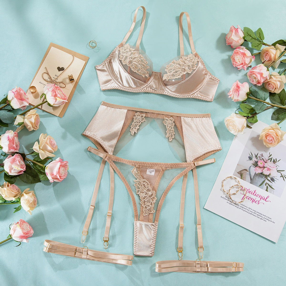 Sexy Mesh Embroidery Splicing Bra Set Women's Gathered Tempting Lingerie Four-Piece Set