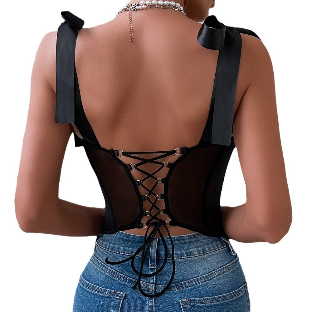 Summer Drawstring Strap Sequin Backless Underwire Gathered Body Shaping Sexy Crop Top
