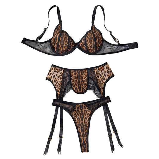 Sexy leopard print set low cut gathering lingerie three piece set