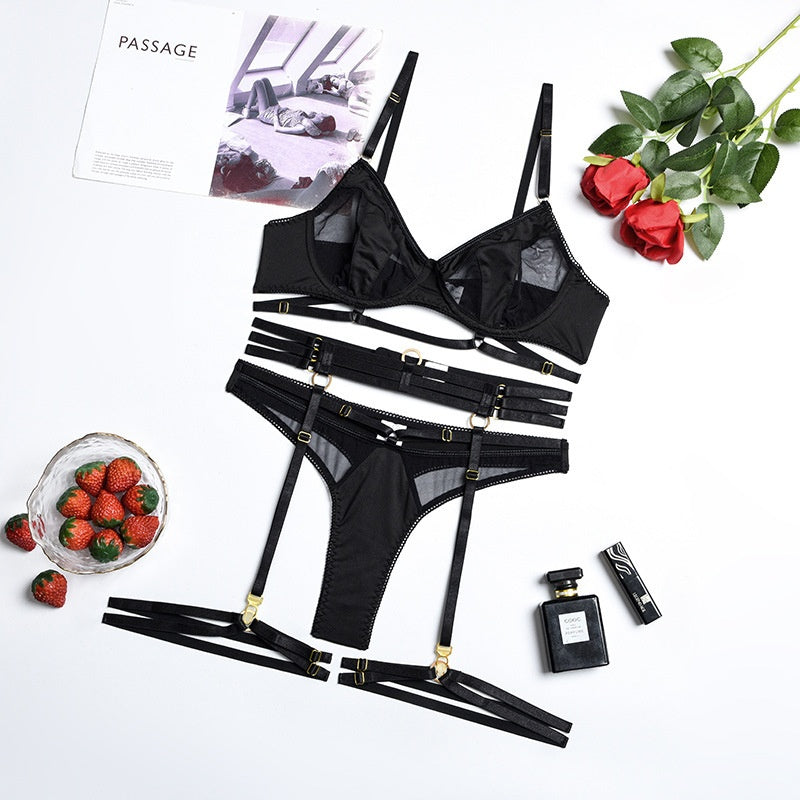 Spring and Summer Fashion Lace Complex Craft Gathered Hollow-out Mesh Sexy Lingerie Four-piece Set for Women