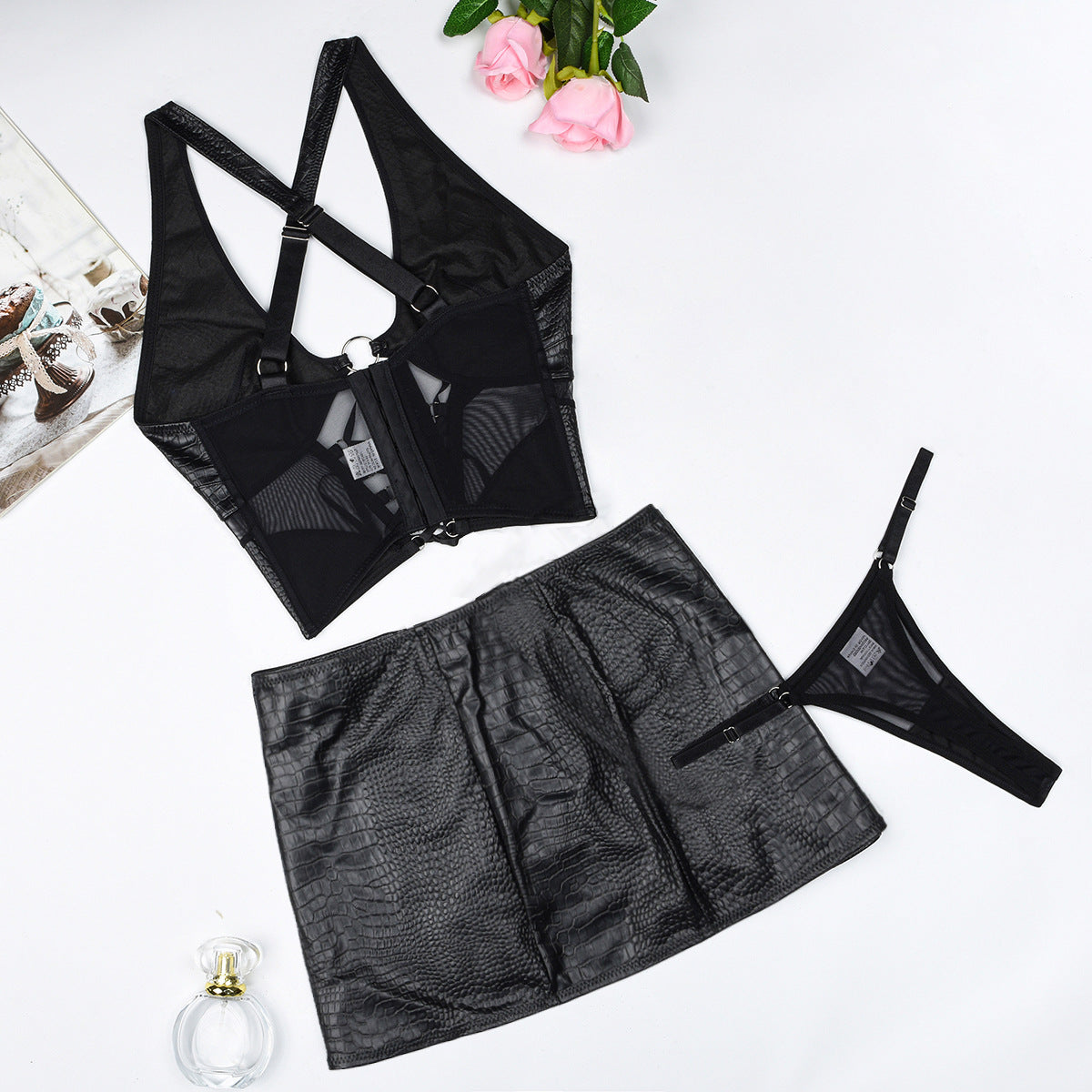 Leather fabric spliced mesh sexy strap cross hanging neck lingerie set