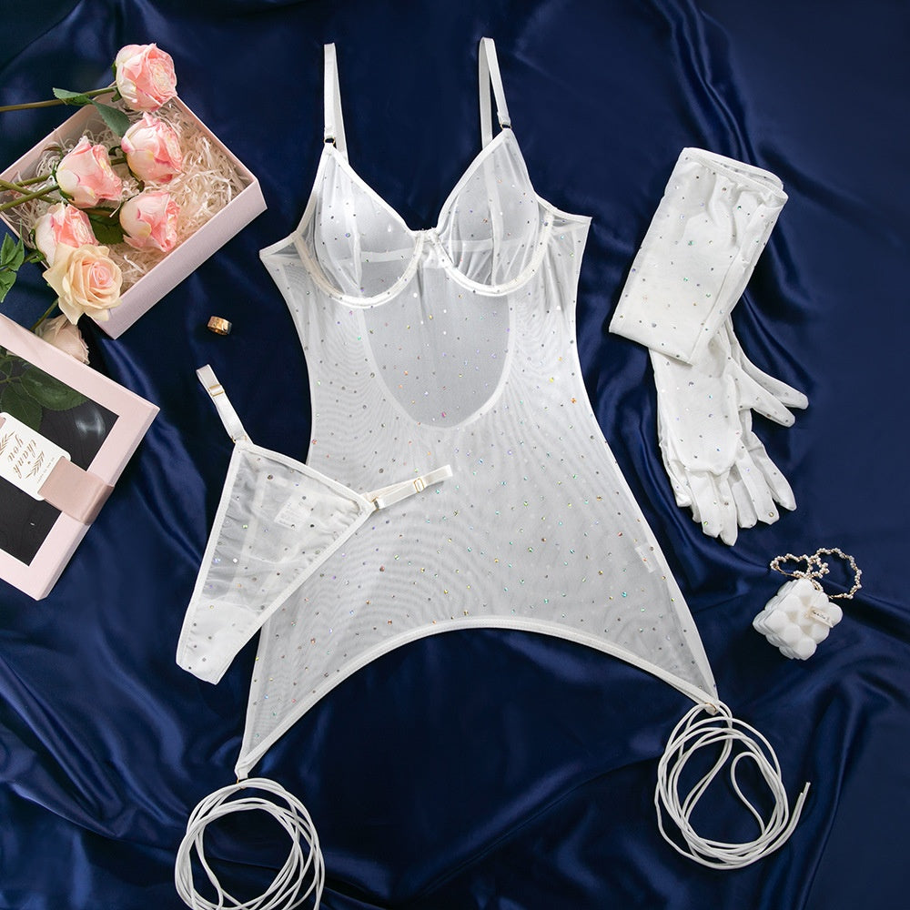 Sexy Sequin Feature Steel Ring Transparent Gathered Body-shaping Hip-lifting Dress with Gloves and Rope Ties