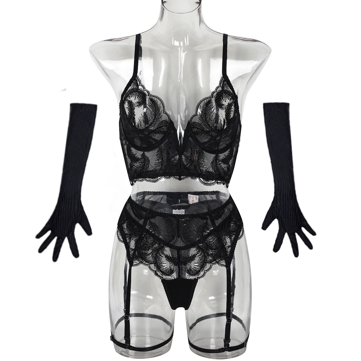 Mesh embroidery splicing V-neck sexy lingerie gloves five piece set