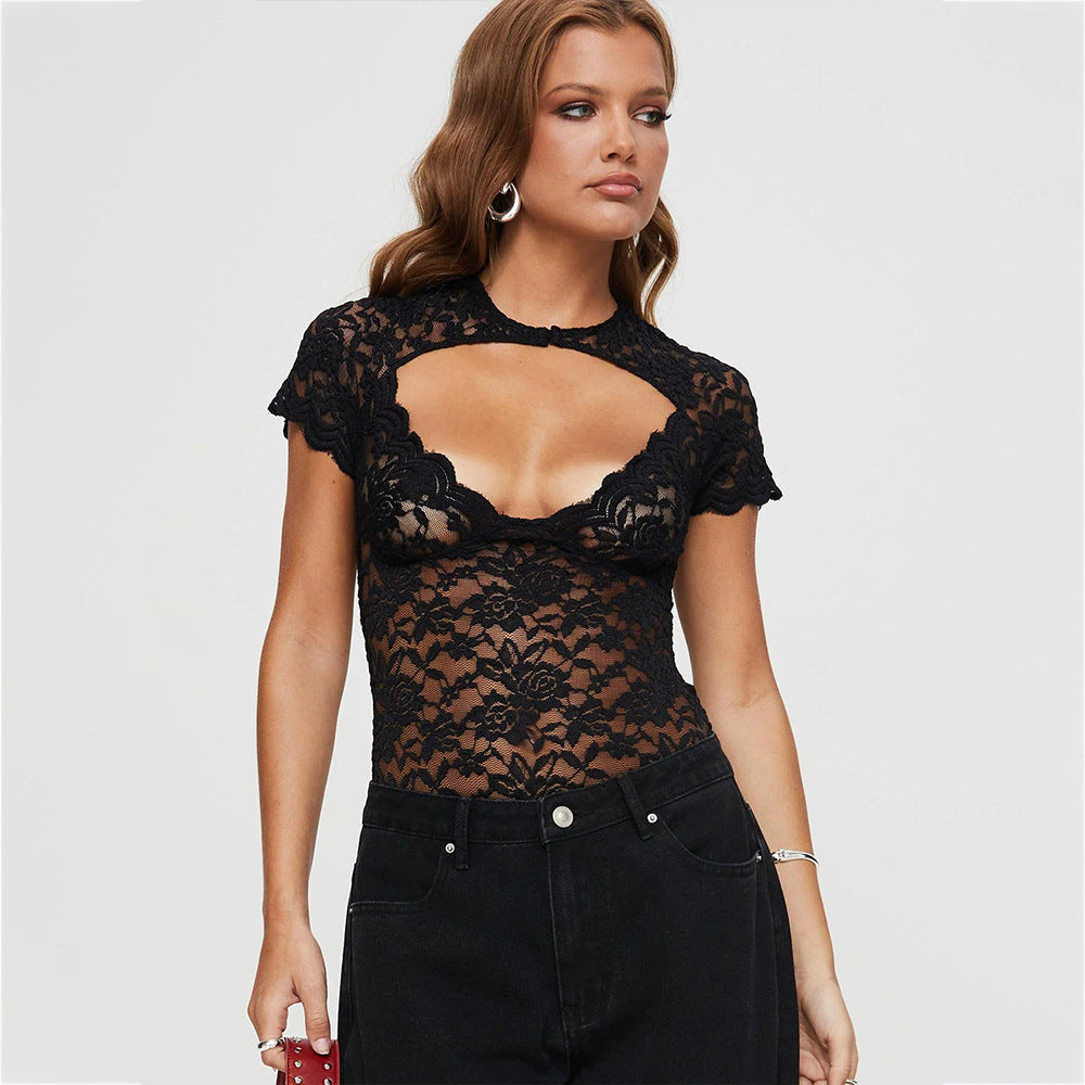 Sexy Lace Base Layer Women's Hollow Out Fitted One-Piece Top