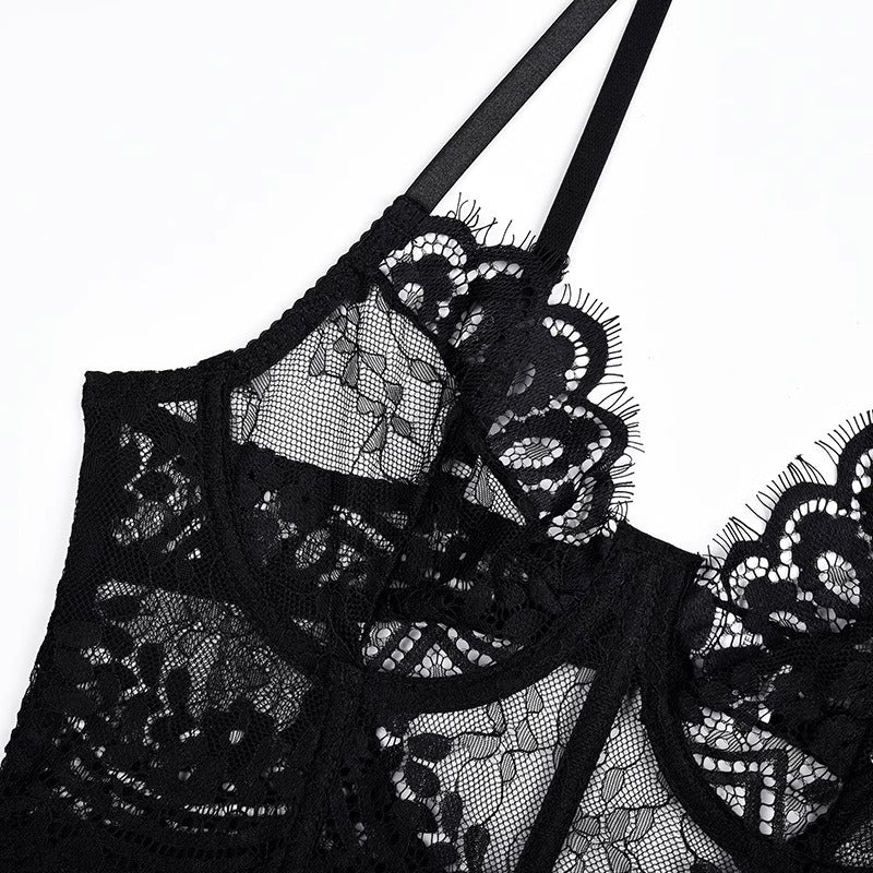 Sexy Lace Mesh Splicing Transparent Three-Piece Lingerie Set