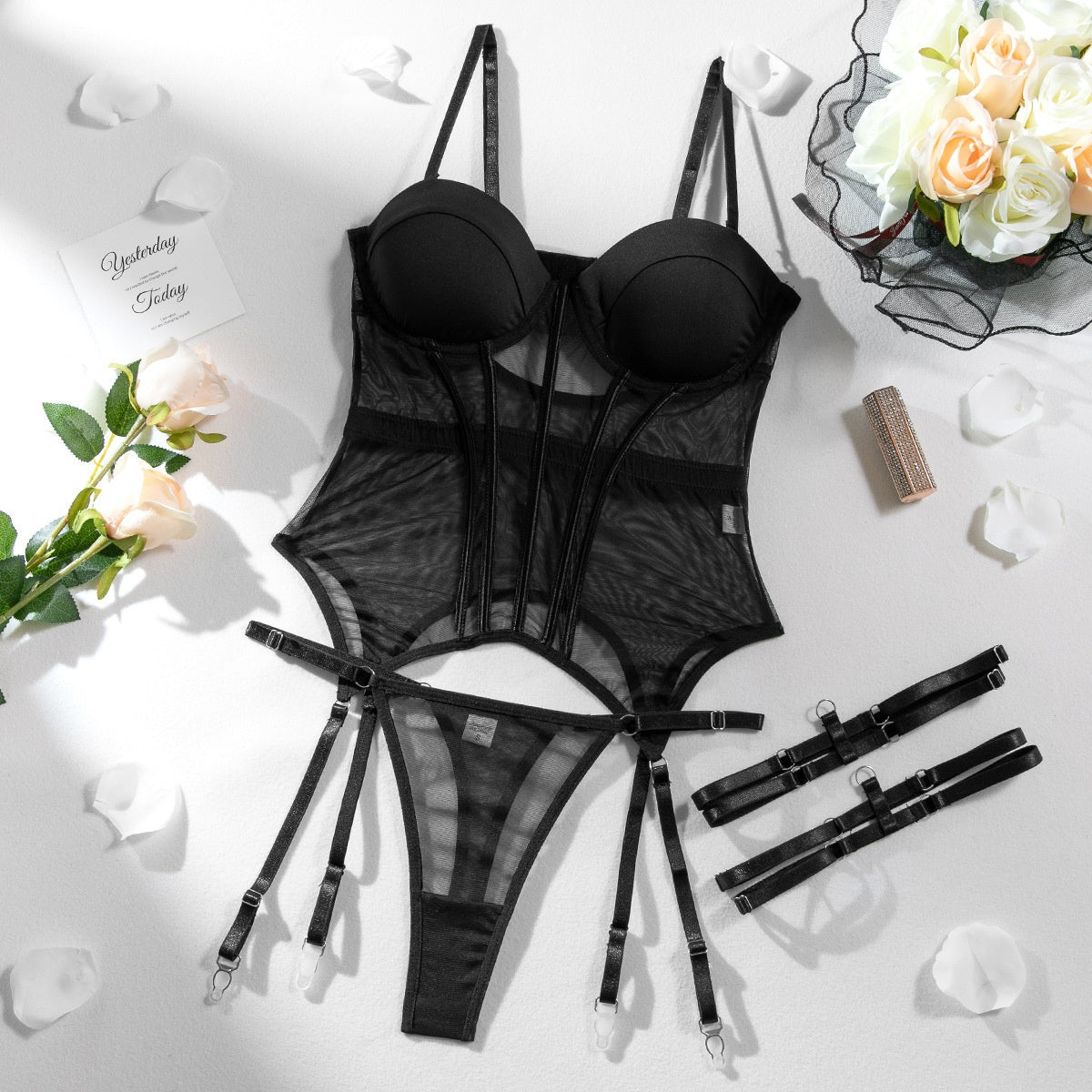 Sexy Transparent Mesh Splicing Padded Push-Up Bodysuit Underwear Set