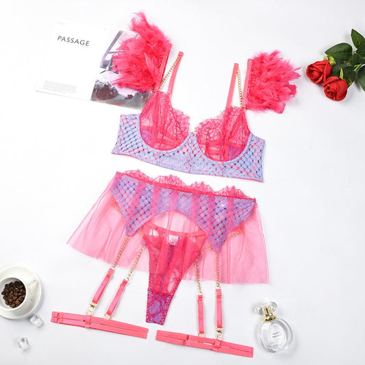 Feather Back Underwear Mesh Lace Splicing Four Piece Set