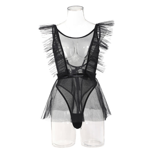 Sexy mesh jumpsuit puffy skirt gloves three piece set for women
