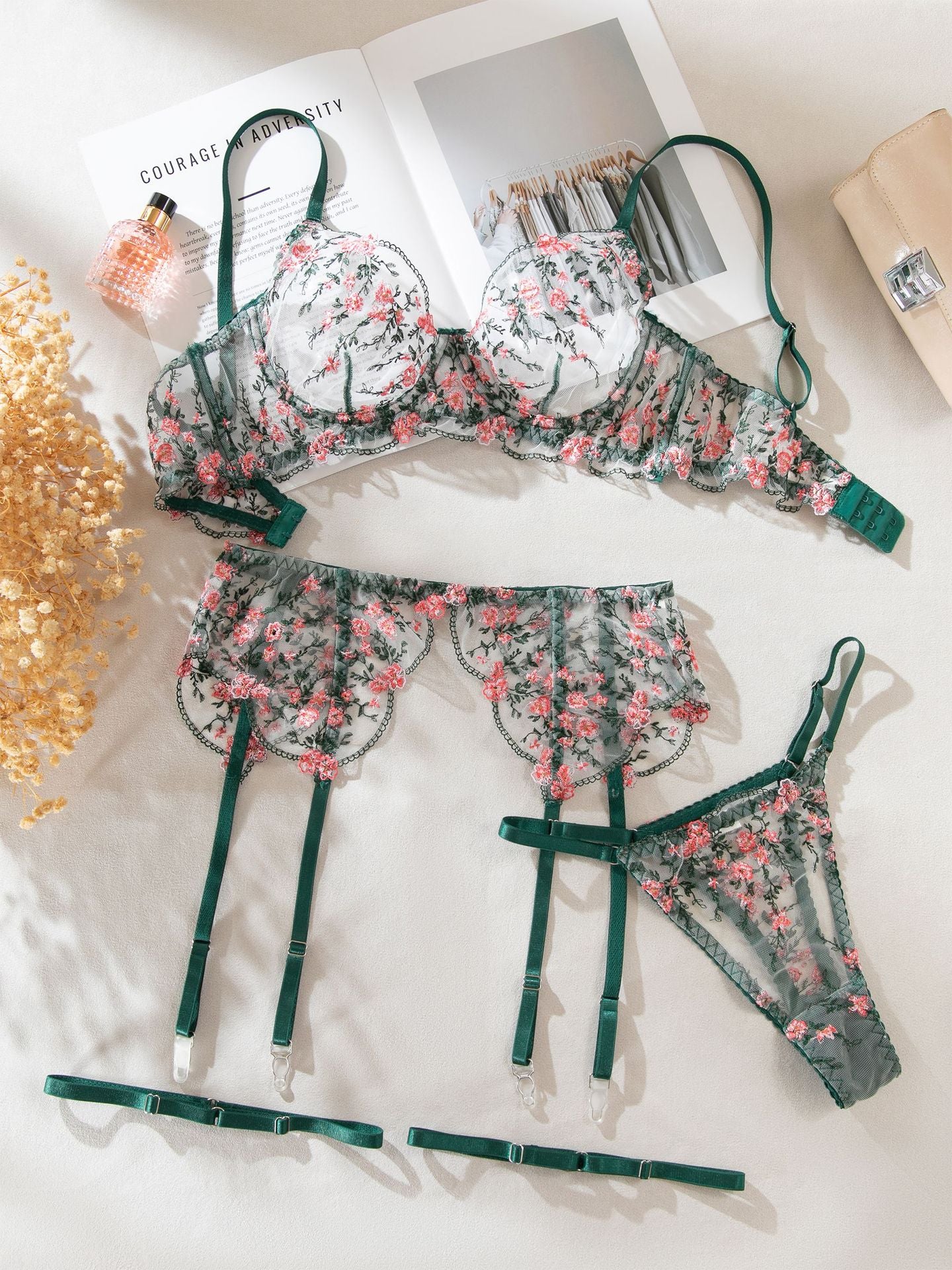 Sexy Lingerie Embroidered Bra Set Push-Up High-End Transparent Temptation Four-Piece Set for Women