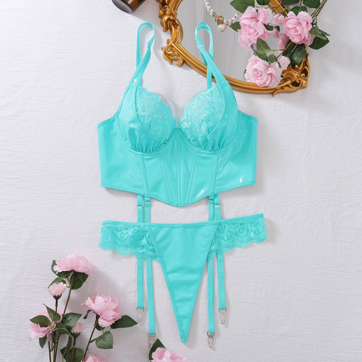 Sexy lace lingerie women gather together ultra-thin new suspender lace bra set
