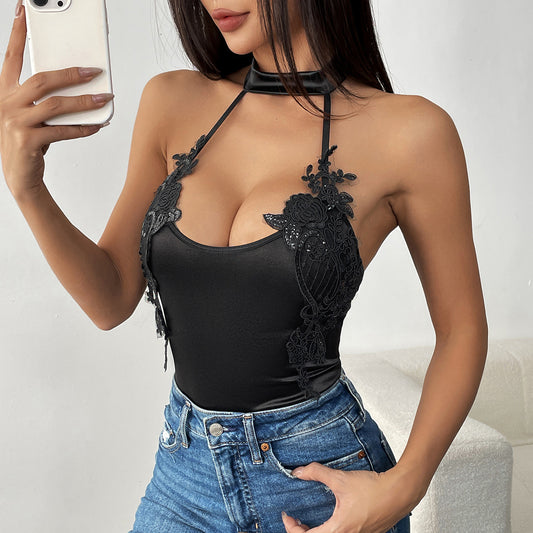 Satin Applique Halter  Simple Backless Sexy Fitted Slim Jumpsuit