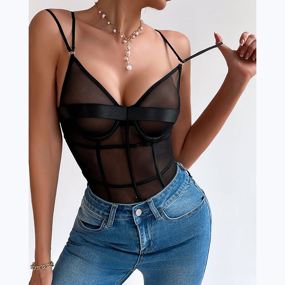 Sexy Women's Jumpsuit Set Sheer Mesh Deep V Comfortable Gathering Double Strap Solid Color Inner