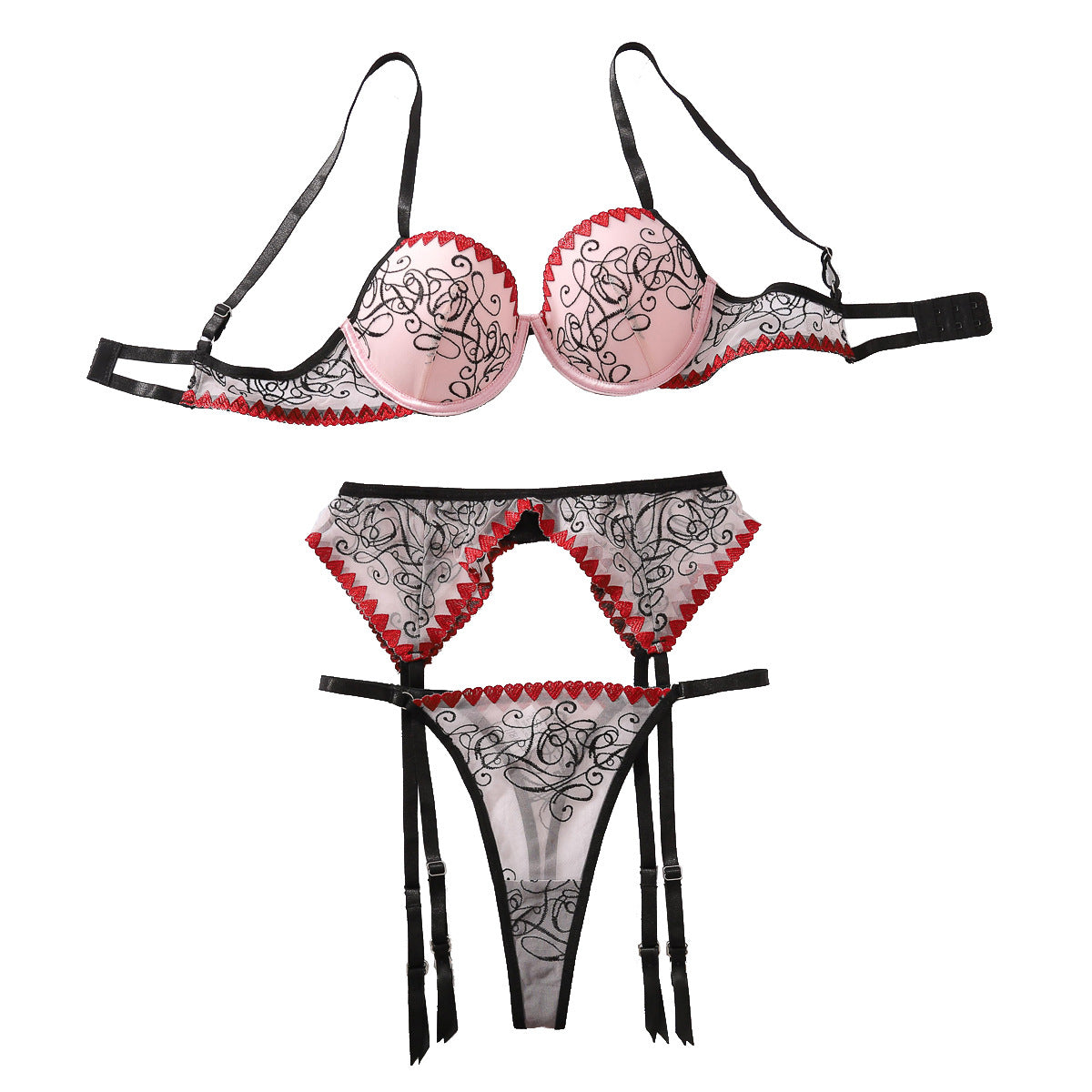 New color blocking splicing perspective embroidery erotic lingerie three piece set for women