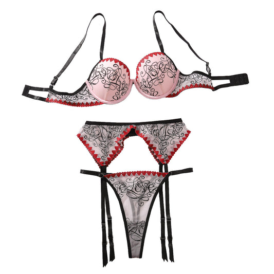 New color blocking splicing perspective embroidery erotic lingerie three piece set for women