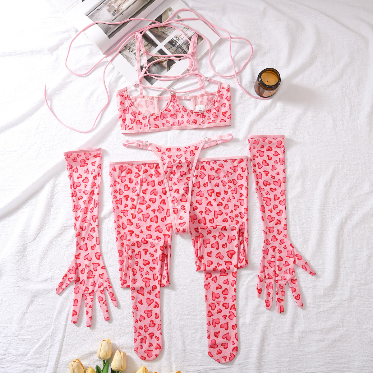 Leopard print mesh sexy lingerie gloves leg socks four piece set