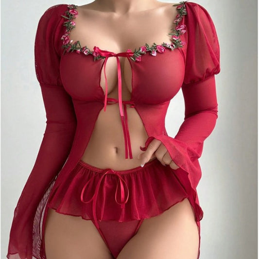 Sexy Mesh Transparent Long Sleeve Slit Lace Outerwear Erotic Set