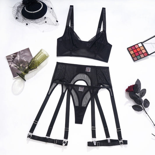 Breathable mesh see through sexy lingerie split set for women