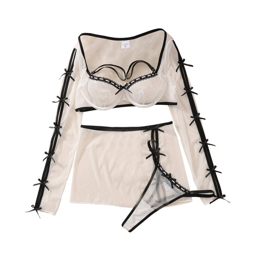 Bow tie tied long sleeved neck hanging underwear see through short skirt fun three piece set