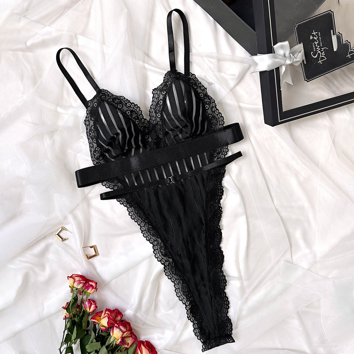 Pajama striped see through mesh spliced with lace and lace romantic jumpsuit
