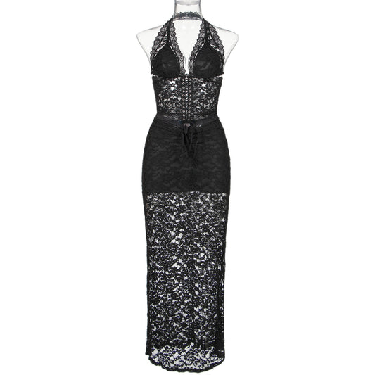 Versatile lace back and neck hanging underwear long skirt set can be worn outside