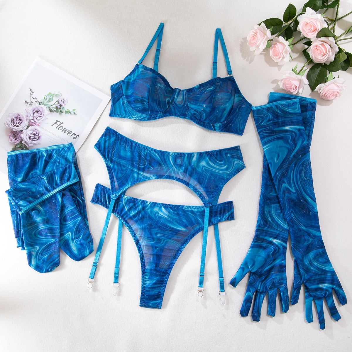 Sexy Transparent Push-Up Printed Underwear Set with Gloves and Leg Garters for Women (5-Piece Set)