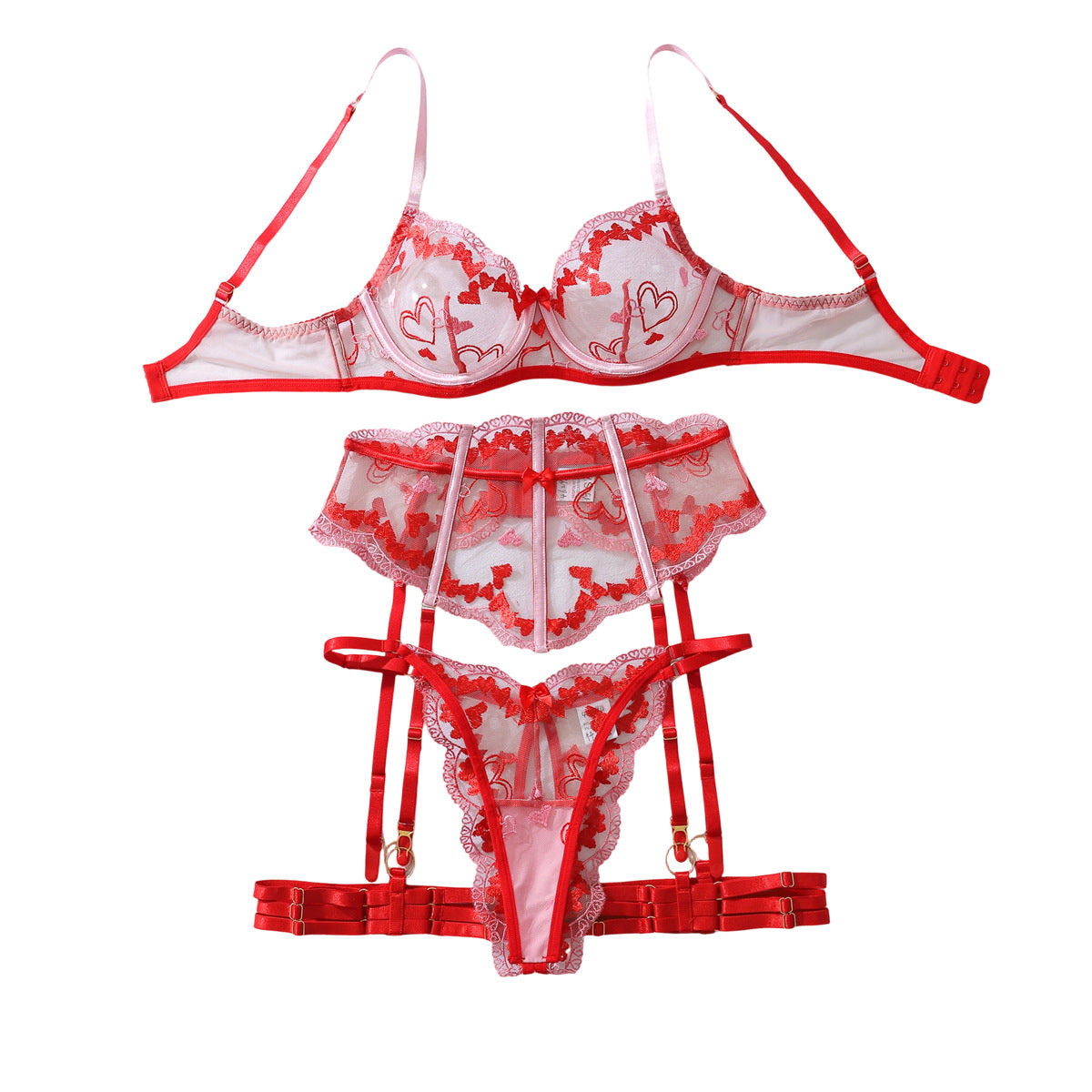 Color blocking heart-shaped embroidery mesh fishbone waist cinching bow shaping sexy lingerie split set