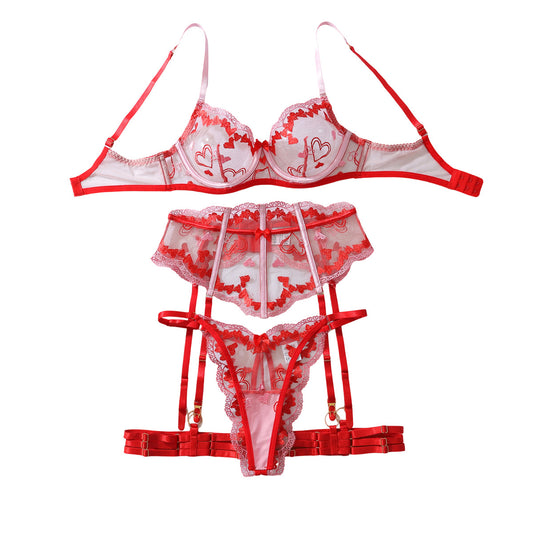 Color blocking heart-shaped embroidery mesh fishbone waist cinching bow shaping sexy lingerie split set