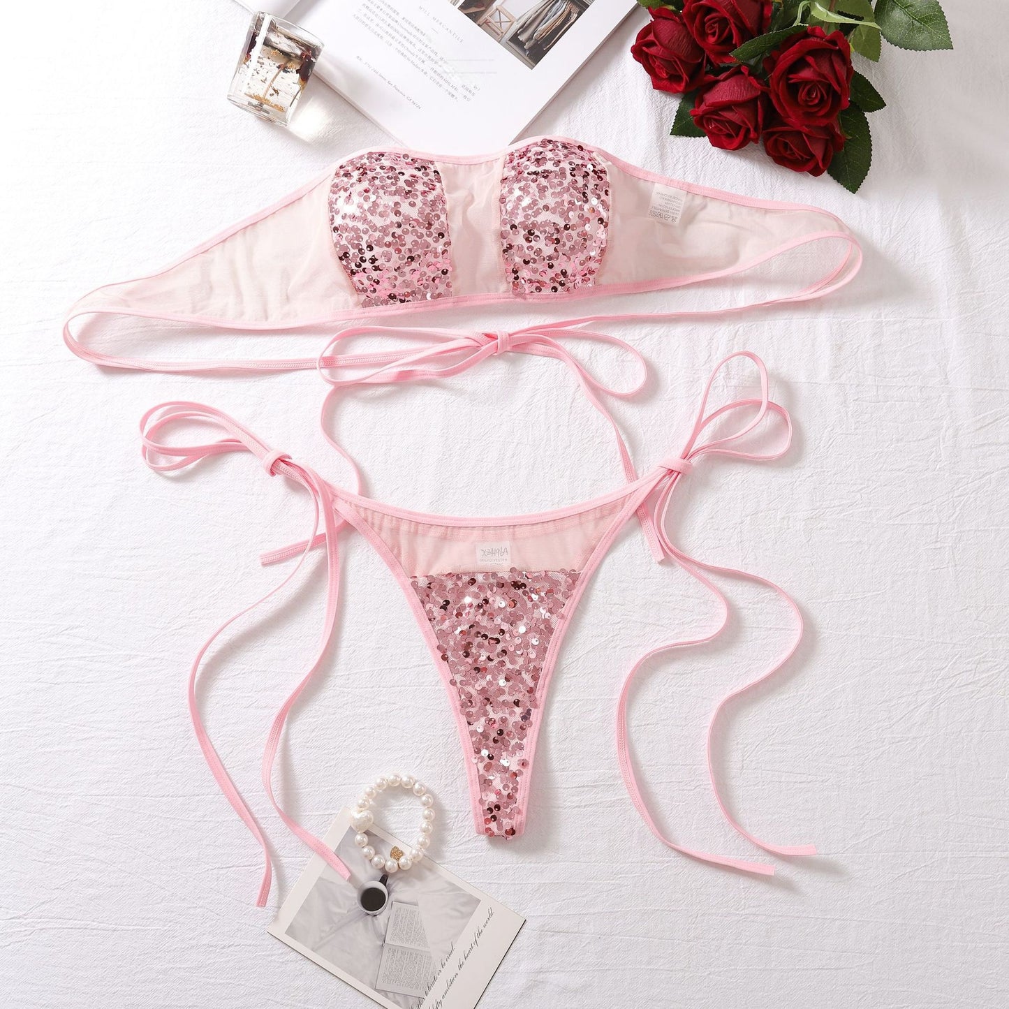 Perspective mesh splicing sexy lingerie two-piece set