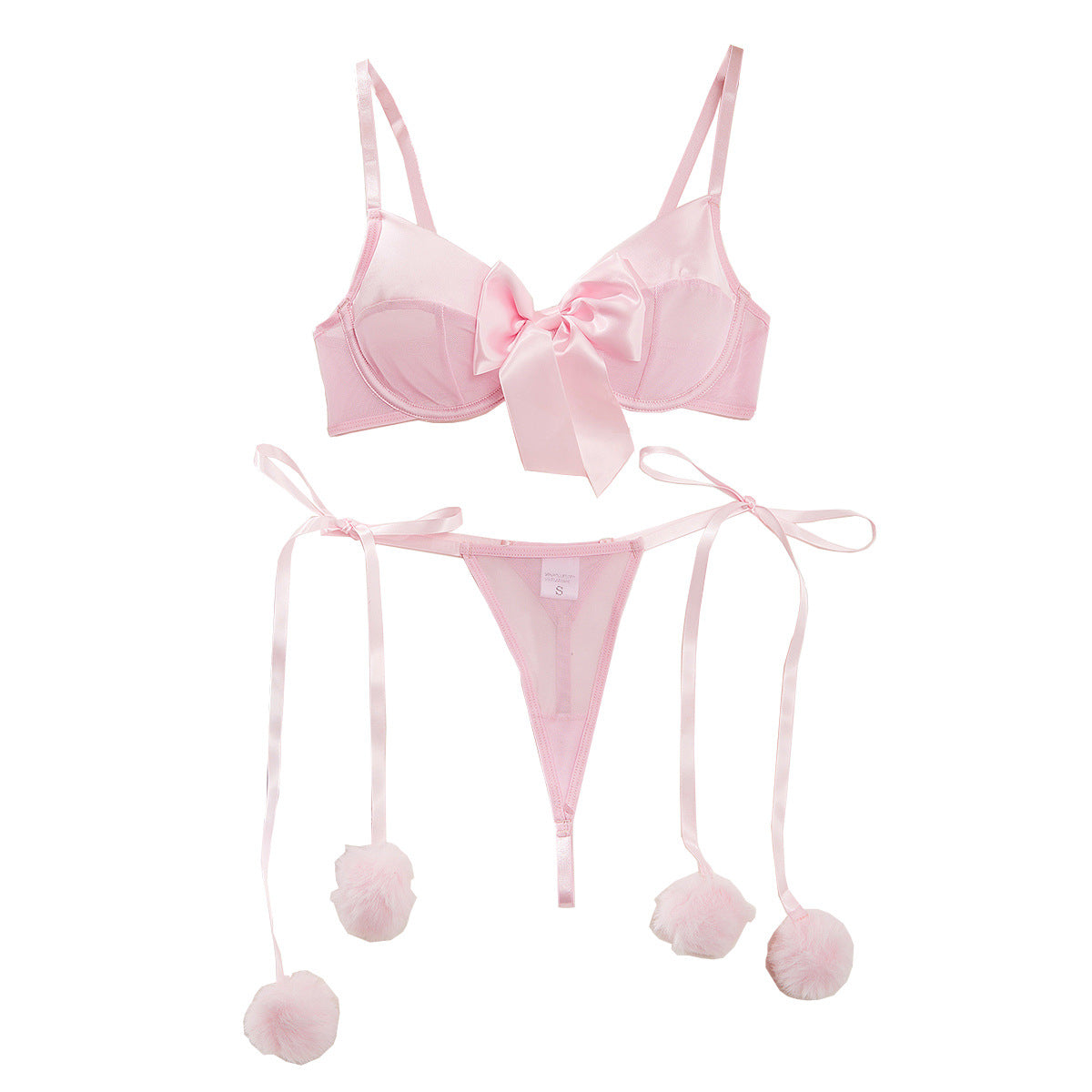 Two piece set of sexy see through mesh lingerie with bow ties hairballs and straps