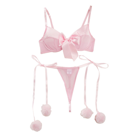 Two piece set of sexy see through mesh lingerie with bow ties hairballs and straps
