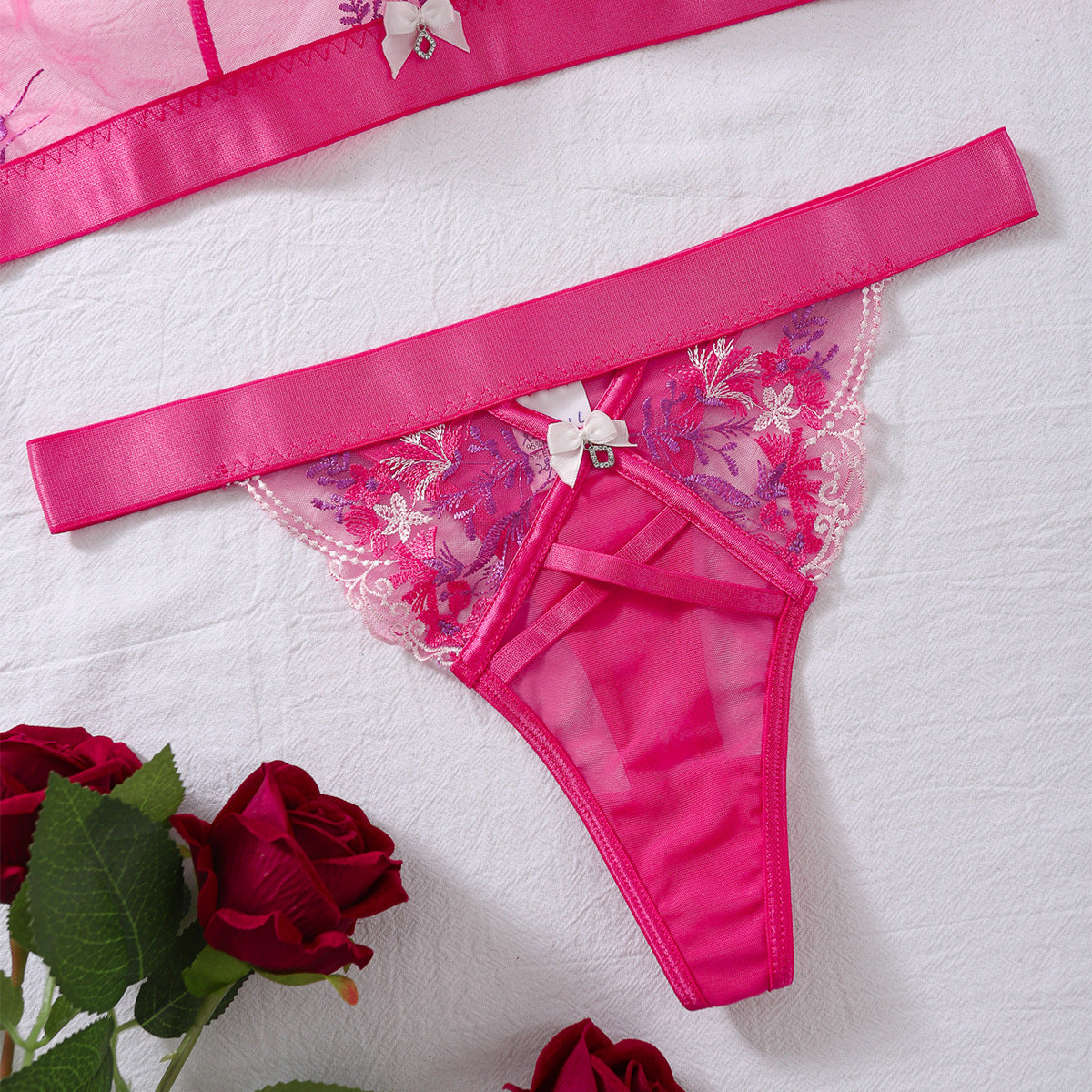 Two piece set of sexy lingerie with butterfly knot floral embroidery and mesh stitching