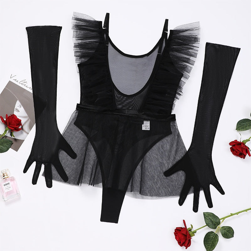 Sexy mesh jumpsuit puffy skirt gloves three piece set for women