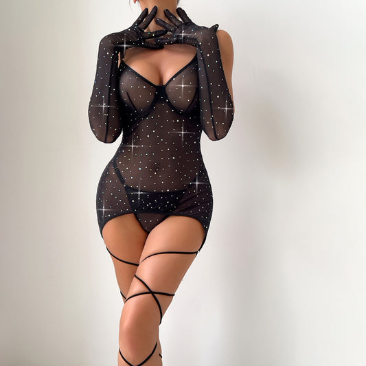 Sexy Sequin Feature Steel Ring Transparent Gathered Body-shaping Hip-lifting Dress with Gloves and Rope Ties