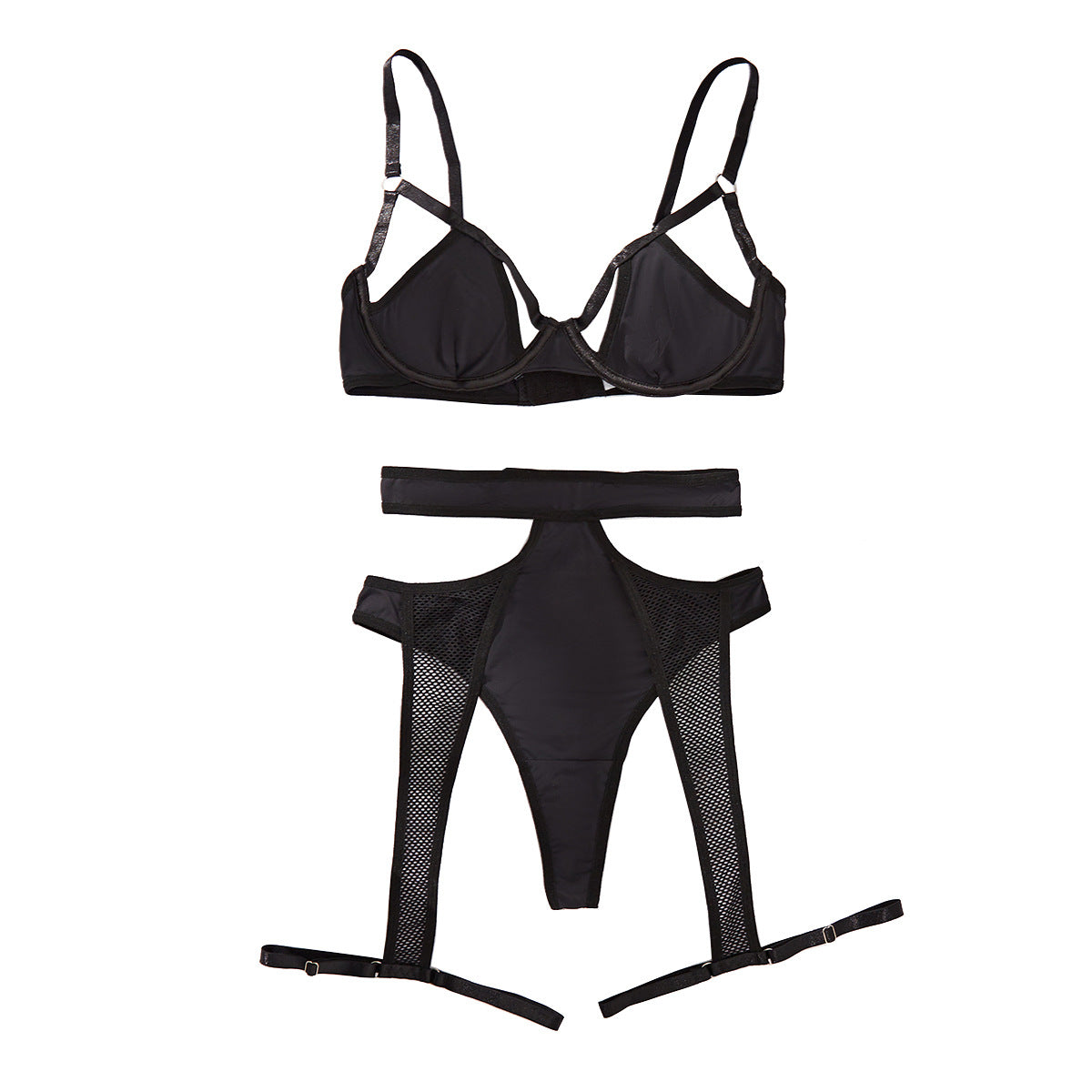 Black mesh splicing lingerie waist seal leg ring two-piece set