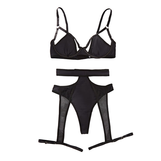 Black mesh splicing lingerie waist seal leg ring two-piece set