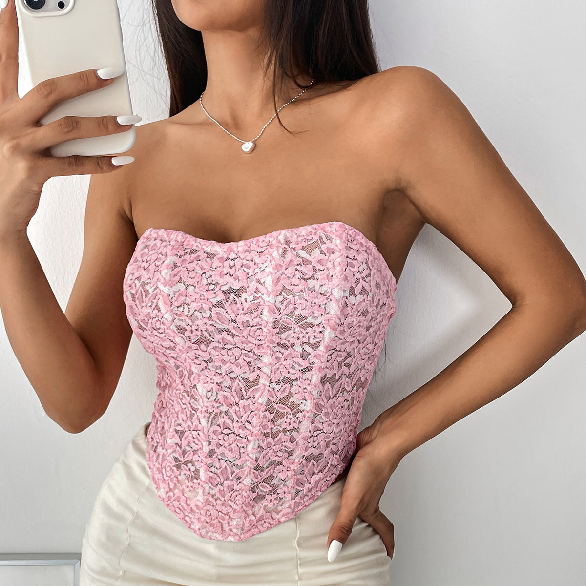 Spring and Summer New Double Layer Flower Lace Fresh  Detachable Shoulder Strap Tube Top