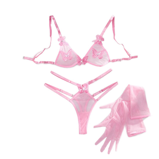 Butterfly Embroidered Perspective Mesh Fun Three Piece Set