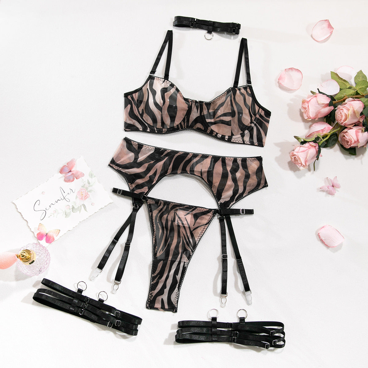 Sexy Zebra Print Wild Comfortable Four-Piece Set -  Sheer Mesh Transparent Underwear