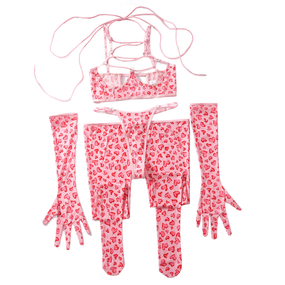 Leopard print mesh sexy lingerie gloves leg socks four piece set