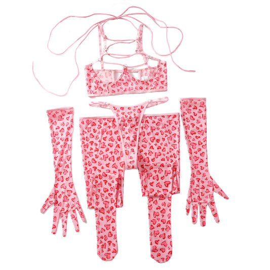 Leopard print mesh sexy lingerie gloves leg socks four piece set