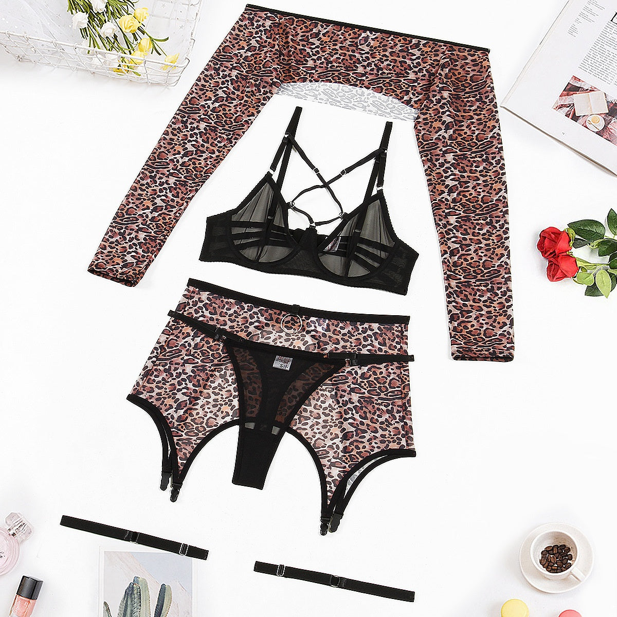 Tie up steel ring gathers sexy lingerie layered leopard print long sleeved five piece set