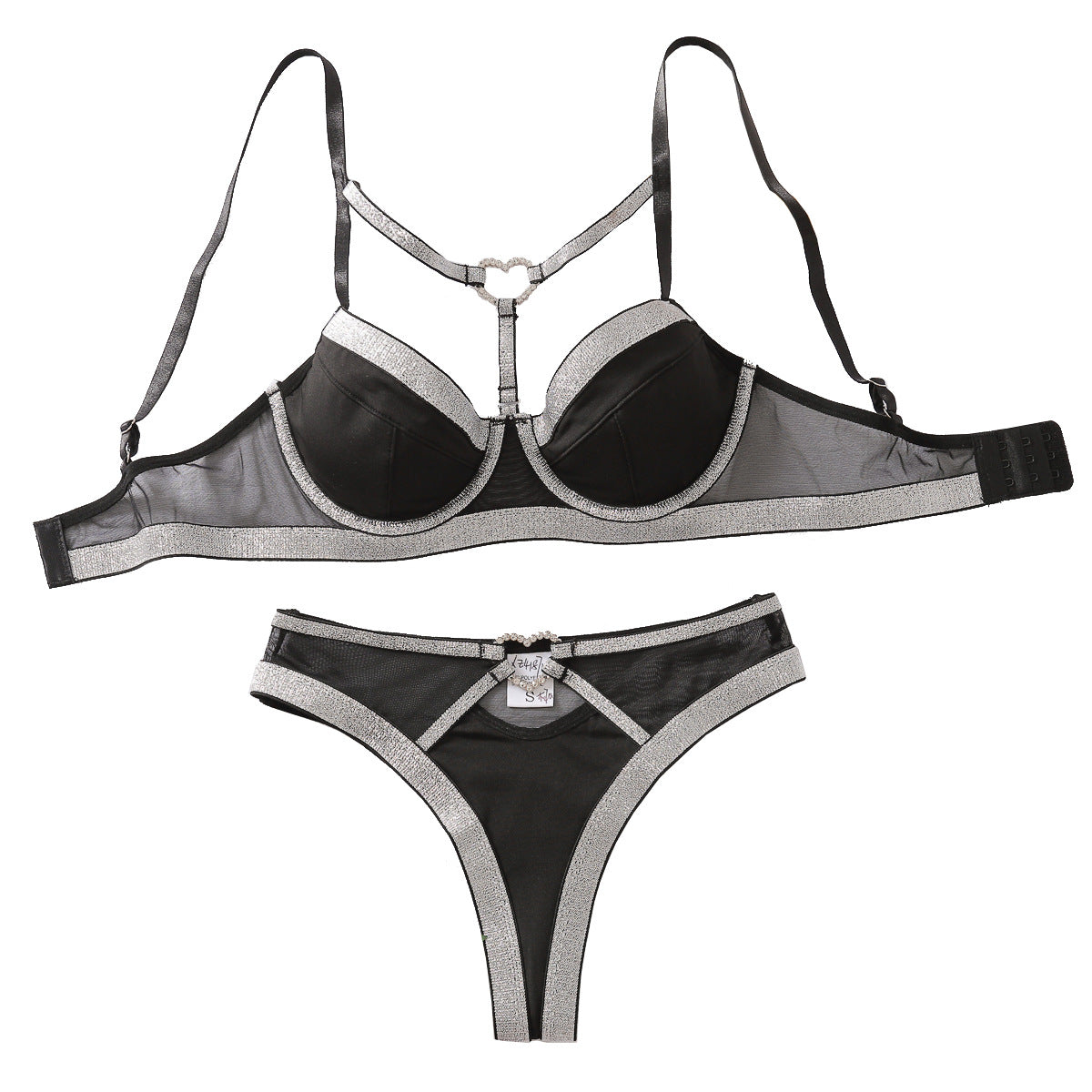 Color blocked bra set with heart-shaped buckle mesh sexy lingerie two-piece set