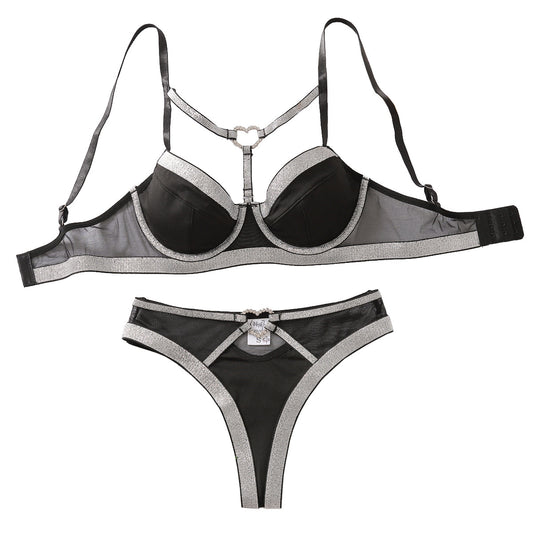 Color blocked bra set with heart-shaped buckle mesh sexy lingerie two-piece set