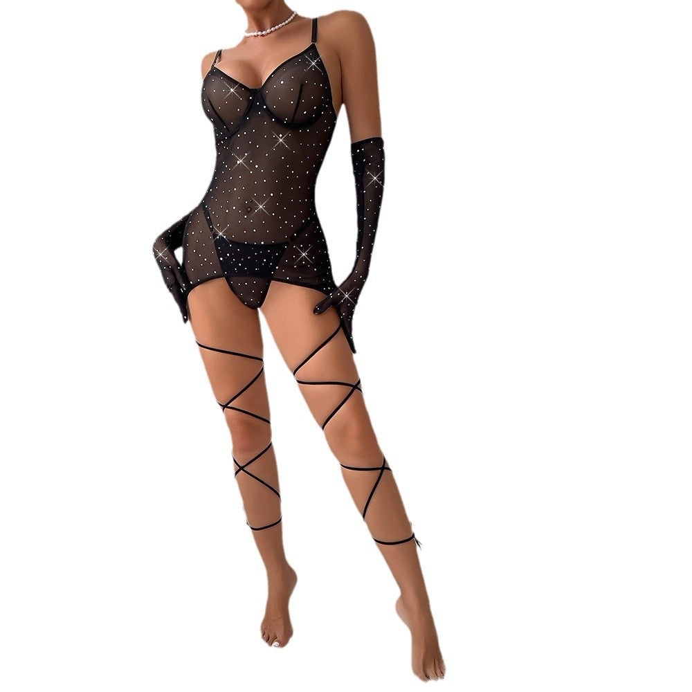 Sexy Sequin Feature Steel Ring Transparent Gathered Body-shaping Hip-lifting Dress with Gloves and Rope Ties