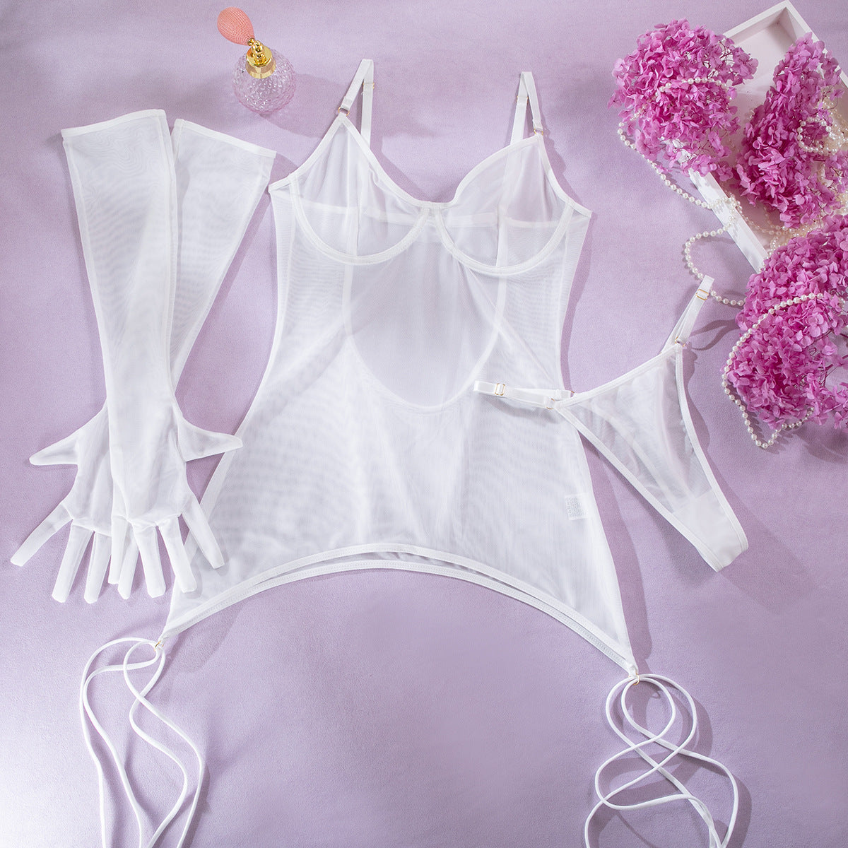 Sexy Mesh Backless Transparent Bondage Rope with Gloves Three-Piece Set for Women