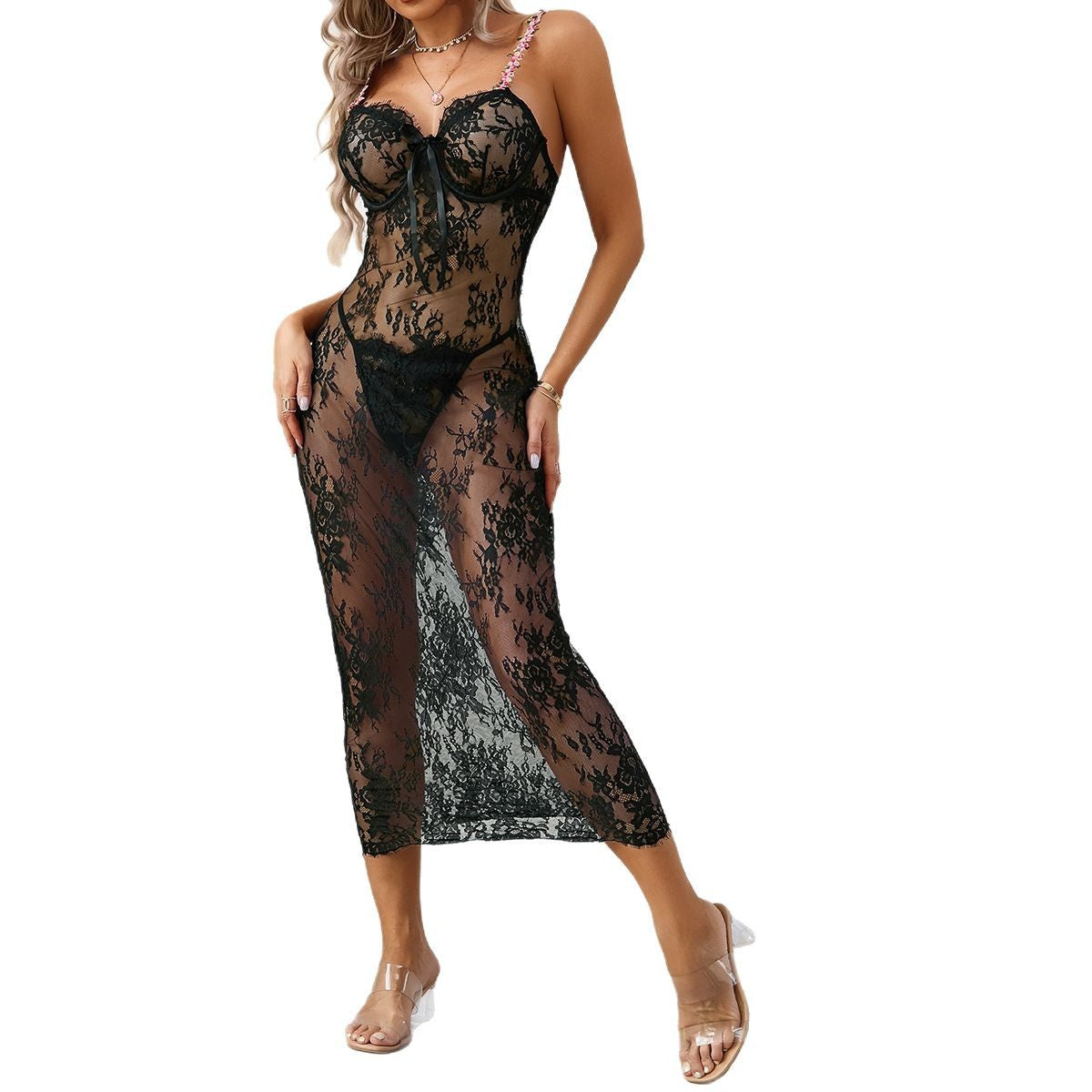 Sexy Lace Fitted Gathered Floral Strap Slimming Long Dress Set