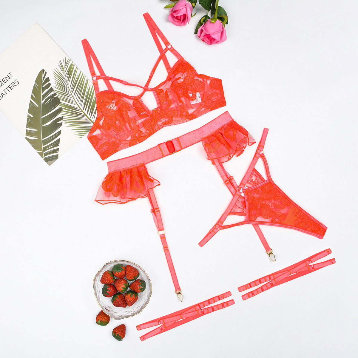 Flower Embroidered Lotus Leaf Edge Skirt Sexy Perspective Underwear Four Piece Set for Women